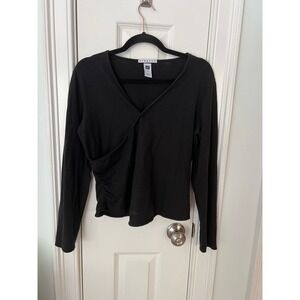 Gap Stretch Women Black Wrap V-Neck Long Sleeve Ruched Top Large
